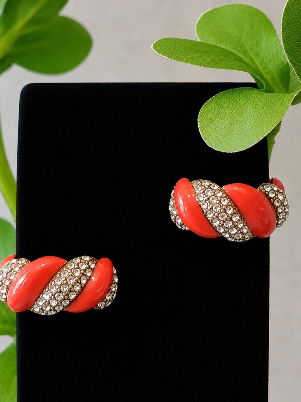 Signed Heidi Daus Hugs from Heidi Orange Coral Crystal Half-Hoop Earrings